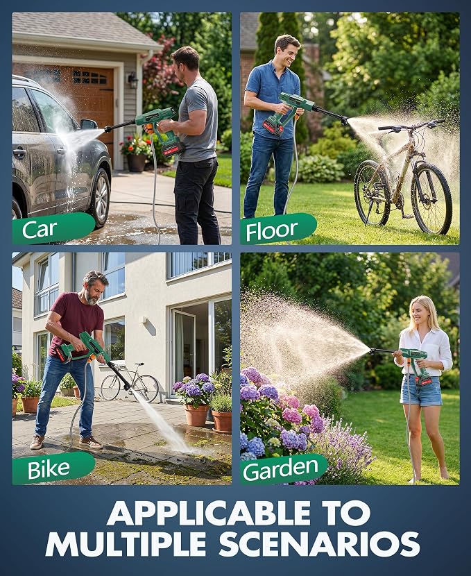 BluSwim Cordless Car Cleaning Tool with LCD Display, Portable Vehicle Cleaner with Brushless Motor, 3 Levels Adjustable Battery Powered Water Sprayer with 16.5FT Hose, 6-in-1 Nozzle for Patio - Green