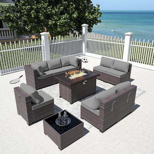 10 Pieces Outdoor Patio Furniture Set,Outdoor Sectional Furniture with 43" 55000 BTU Gas Propane Fire Pit Table,All Weather PE Rattan Wicker Patio Conversation Set,Grey