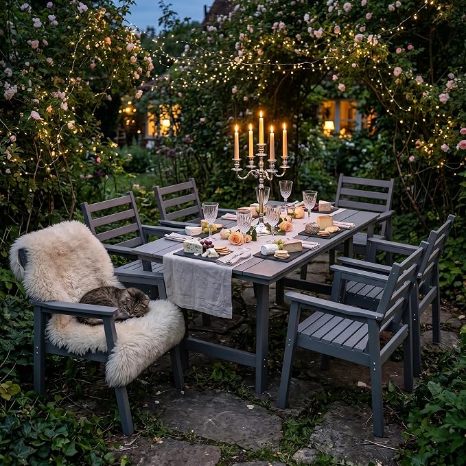 7-Piece Outdoor Dining Set, All-Weather HDPE Patio Furniture, 66.5" Slatted Table with 1.6" Umbrella Hole & 6 Ergonomic Armchairs, Heavy Duty 350lbs Capacity, UV Resistant, Gray