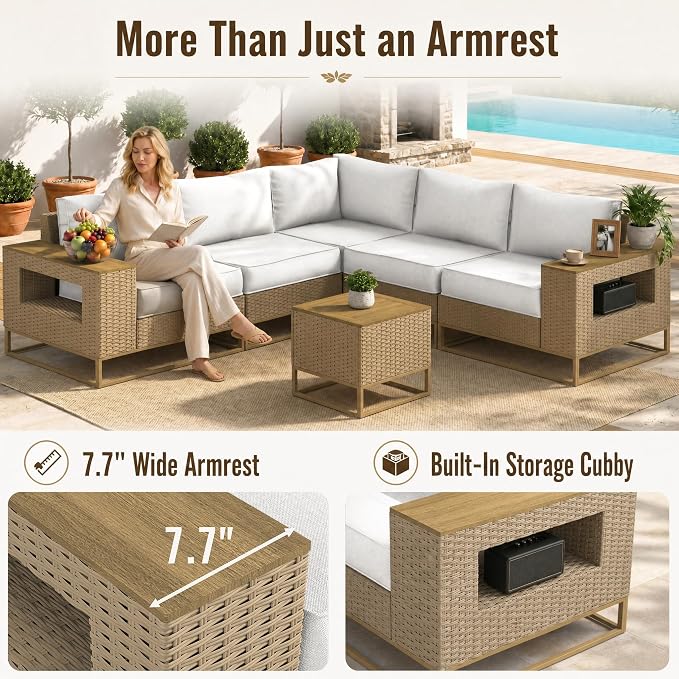 6-Piece Outdoor Patio Furniture Set, Modern PE Wicker Outdoor Sectional Sofa with Storage Armrests & 5.5" Thick Cushions, L-Shaped Couch for Deck, Porch, Backyard, Ivory White