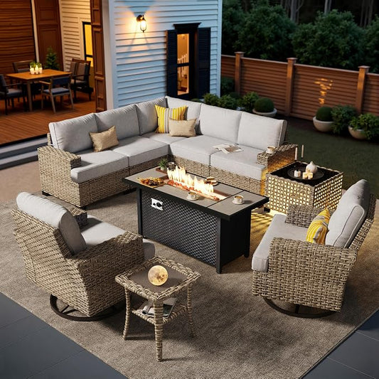 HOOOWOOO Sectional Patio Furniture Set with Fire Pit Table,10 Pieces Wicker Outdoor Furniture L Shaped Couch,Outside Conversation Set Extra Deep Seat Sofa Wide Arm Swivel Chairs Solar Table,Gray