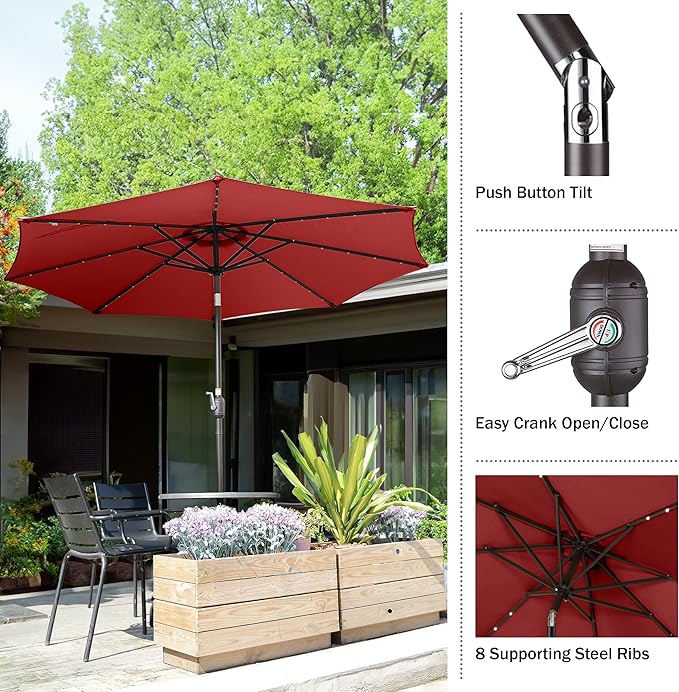 Pure Garden Patio Umbrella with Solar Lights - 9 Ft Outdoor Umbrella Shade with 32 LEDs and Auto Tilt for Deck, Table, Backyard, or Pool by Villacera (Red)