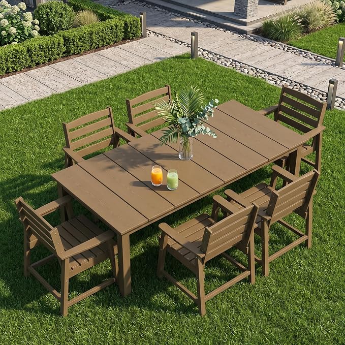PLUUV 7-Piece Outdoor Patio Dining Set, All-Weather HDPE Dining Furniture Set with Umbrella Hole Cut-Out Table, Aluminum Table Legs, and 6 Chairs, Waterproof & Easy Clean for Backyard, Garden, Brown