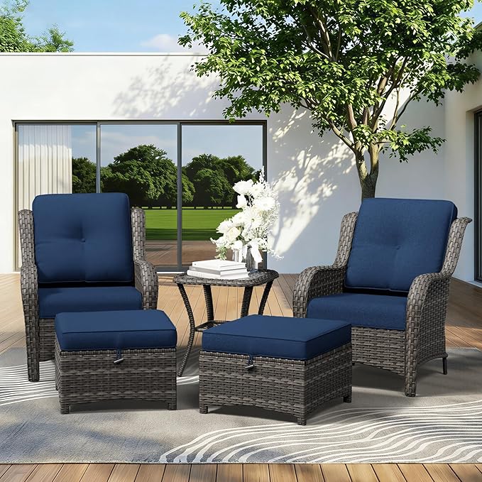 5 Piece Outdoor Wicker Patio Furniture Set, Patio Chairs Set with Thickened Olefin Cushions, High Back and Deep Seating, Hand-Woven PE Rattan, Ottoman for Porch, Deck