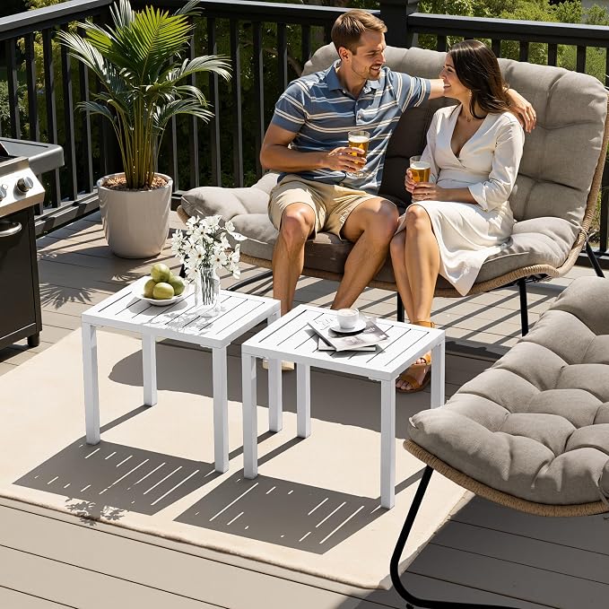 Crestlive Products Outdoor Side Table Set of 2, Aluminum Rectangular Side/End Table, Small Patio Coffee Bistro Table for Outdoor Indoor (White)