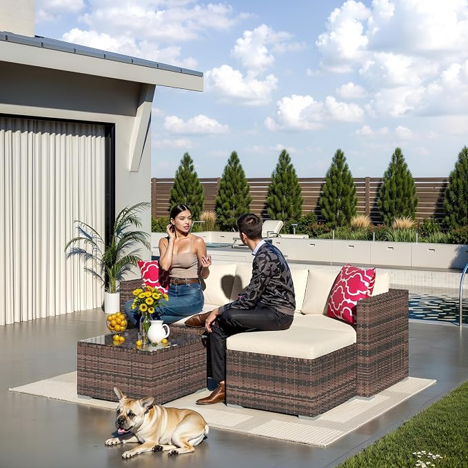 5 Piece Outdoor Patio Furniture Set, Rattan Deck Conversation Sofa Set with Non-Slip Cushions, All-Weather Sectional Sofa with Glass Storage Table and Balcony Footstool, Poolside, Garden, Brown+White