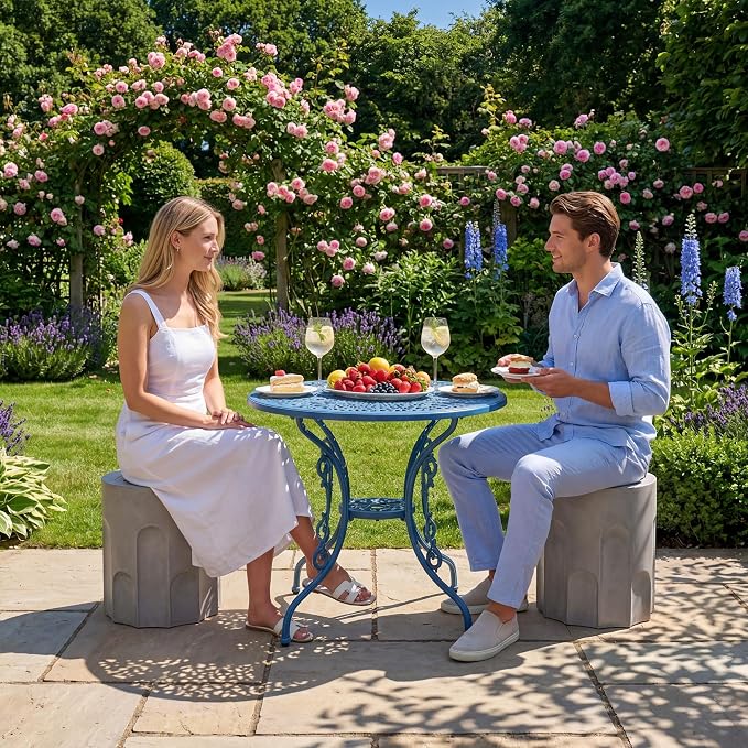 COSIEST Outdoor Side Table, 16.9" Modern Concrete End Table w Chessboard for Patio,Lightweight Round Outside Accent Table & Plant Stand for Garden, Porch, Deck, Balcony，Grey