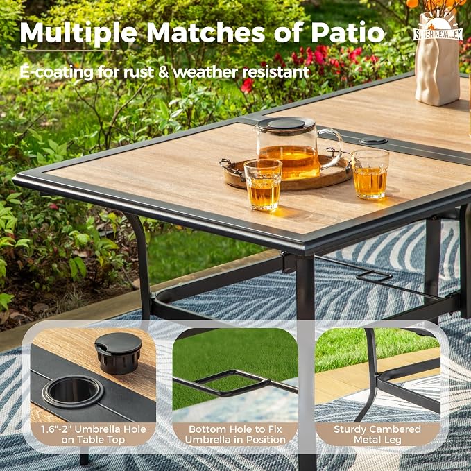 SUNSHINE VALLEY 7 Pcs Patio Dining Set for 6, Rectangular Metal Dining Table (PVC Table Top) with Umbrella Hole and 6 Chairs, Outdoor Dining Set for Lawn Garden Deck, Brown