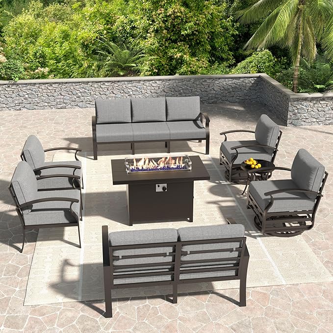 Kullavik Aluminum Patio Furniture Set,8 Pieces 9 Seat Metal Sectional Outdoor Furniture Conversation Set w/45 Propane Gas Fire Pit,Swivel Rocking Chairs Set,Grey