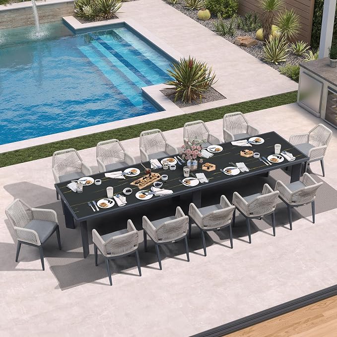PURPLE LEAF 13 Pieces Patio Dining Set Aluminum Modern Rectangular Table and Rattan Arm Chairs with Cushions for Kitchen Porch Garden Outdoor Furniture Sets, Dark Grey