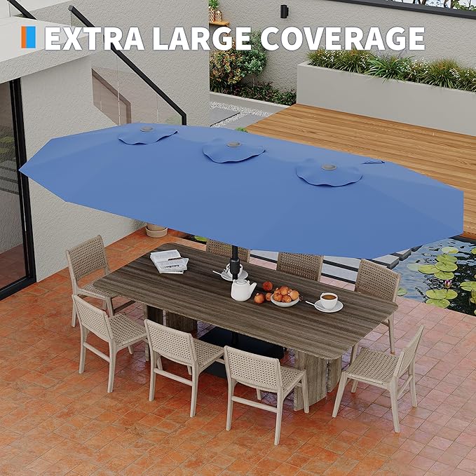 Double-Side Rectangular Pool Umbrella, 15ft Large Patio Umbrella with Base Included, Outdoor Market Umbrellas for Poolside Lawn Backyard