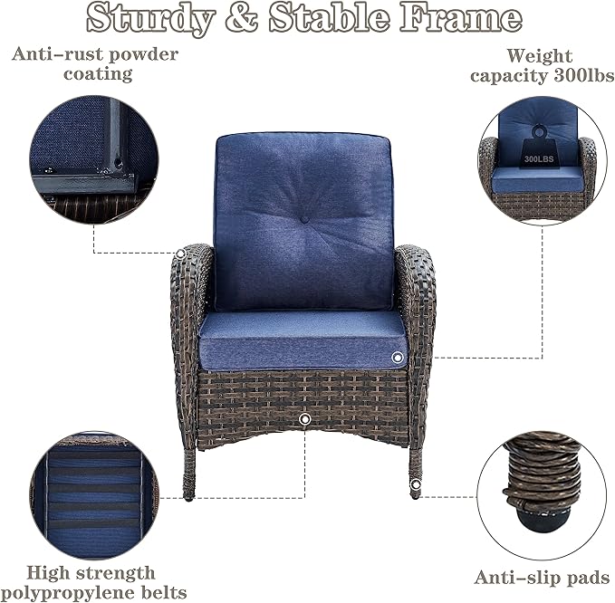 Belord Outdoor Wicker Loveseat Furniture Set of 4 with Coffee Table for Porch Deck Balcony, 4 Pieces Rattan Outdoor Conversation Sets Include 2 Club Chairs 1 Loveseat Couch 1 Coffee Table Brown/Blue