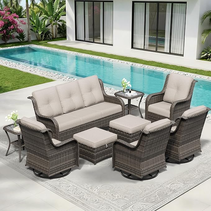 9 Piece Outdoor Wicker Patio Furniture Set, Outdoor Swivel Rocker Patio Chairs Set with Thickened Olefin Cushions, High Back and Deep Seating, Hand-Woven PE Rattan for Porch, Deck