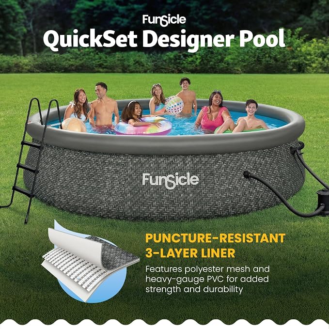 Funsicle Quickset Designer 14' x 36" Round Above Ground Swimming Pool, with FiltraBoost 800 GPH Filter Pump, Ladder, Type D Filter Cartridge & Repair Patch, Dark Herringbone