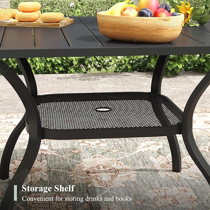 5 Pieces Outdoor Dining Set, Stackable Textilene Paito Chairs & 37.8" Square Dining Table with Umbrella Hole and Shelf, Patio Dining Set for Backyard, Deck, Garden, Dark Blue & Black