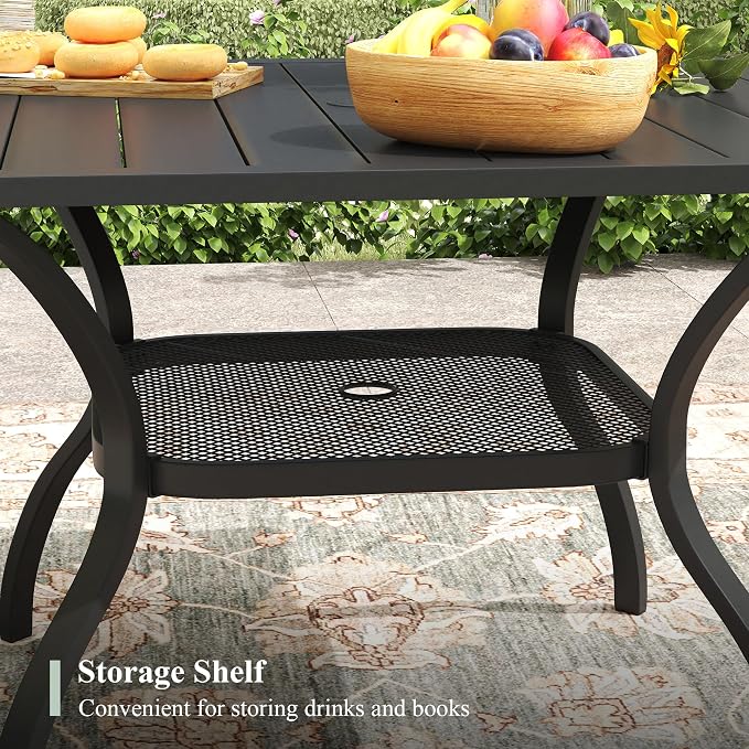 5 Pieces Outdoor Dining Set, Stackable Textilene Paito Chairs & 37.8" Square Dining Table with Umbrella Hole and Shelf, Patio Dining Set for Backyard, Deck, Garden, Brown & Black