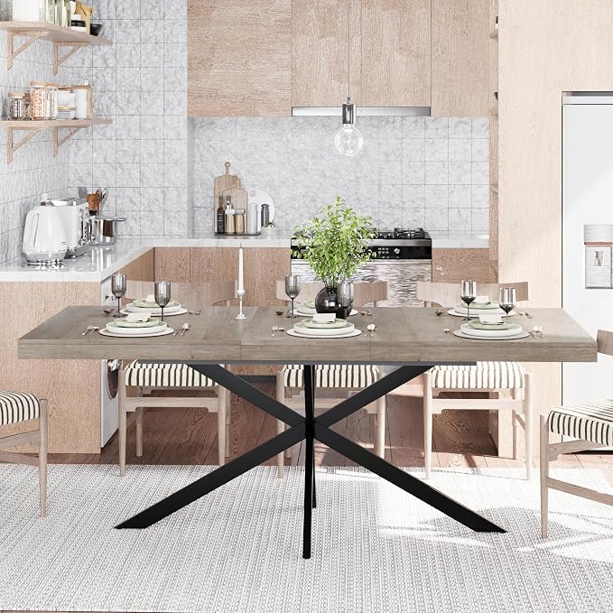 55.11" -70.86" Extendable Dining Room Table, Retro Folding Dining Tables for 4-6 People with Antique Wood Top/Black Fine Sand Cross Iron Foot Base/Storage Box, Grey