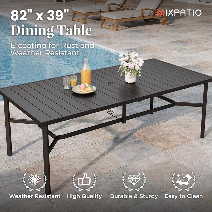 MIXPATIO 9 Pieces Patio Table and Chairs Set, Patio Dining Set for 8, 8 Brown Textilene Chairs and 83” Rectangular Patio Dining Table with Umbrella Hole, for Deck Backyard Lawn Poolside