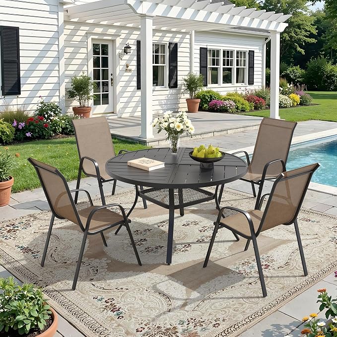 DIFY 5 Piece Outdoor Dining Set, 40" Black Round Metal Dining Table and Brown Textilene Stackable Patio Chairs, Patio Table and Chairs Set for 4 with Umbrella Hole for Backyard Garden Deck