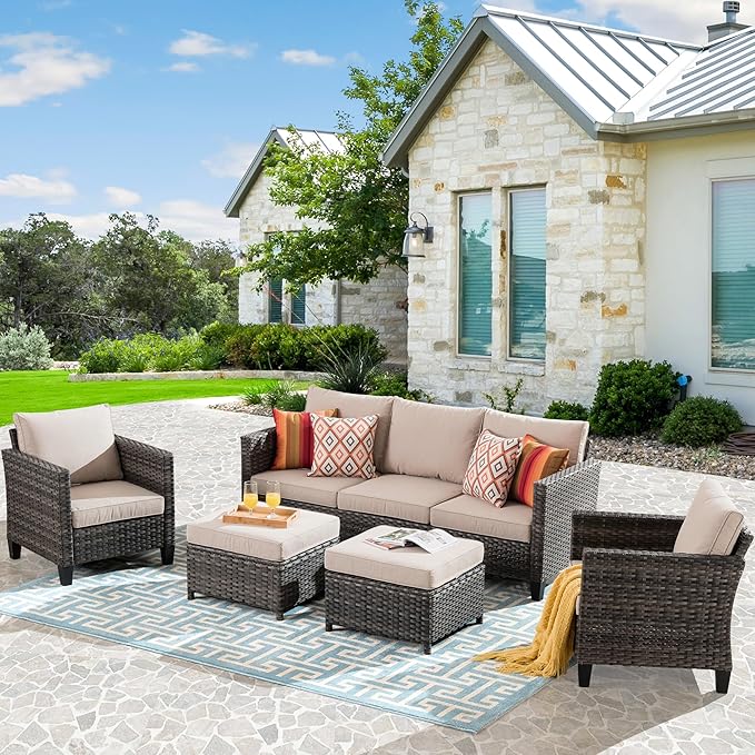HOOOWOOO Patio Conversation Sets,5 Piece Wicker Outdoor Furniture Set with Ottoman,All Weather Resistant Modern Outside Out Door Rattan Couch Chairs Set,Beige