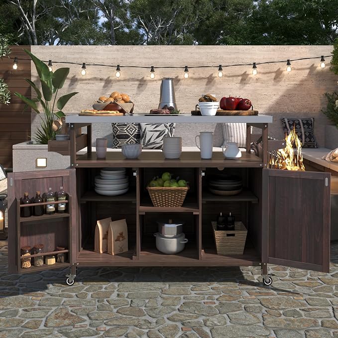Large Outdoor Rolling Patio Bar Table Cart, Outdoor Kitchen Island Cart Grill Table, Farmhouse Solid Wood Outdoor Serving Cart Prep Table with Stainless Steel Top for Grill/Kitchen, Dark Brown