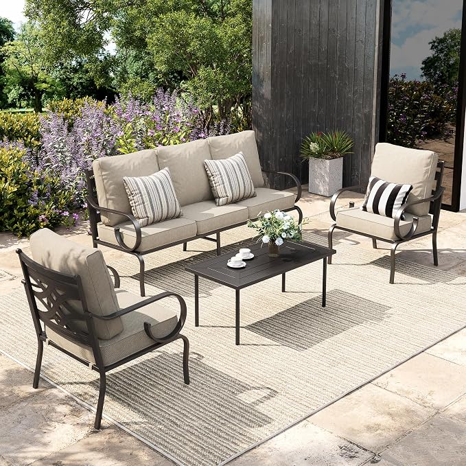Sophia & William Patio Conversation Set for 5, 3-Seater Sofa, 2 Fixed Chairs and a Coffee Table, Metal Outdoor Furniture with 5.75" Extra Thick Cushions, Beige