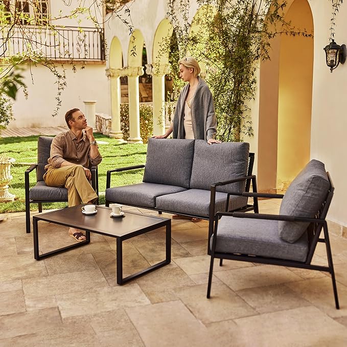 East Oak 4-Piece Patio Furniture Set with Thick Cushions, 4 Seats Waterproof Outdoor Patio Set with Rattan Armrests, Loveseat and Coffee Table for Backyard, 2024 Coast Patio Conversation Set in Grey