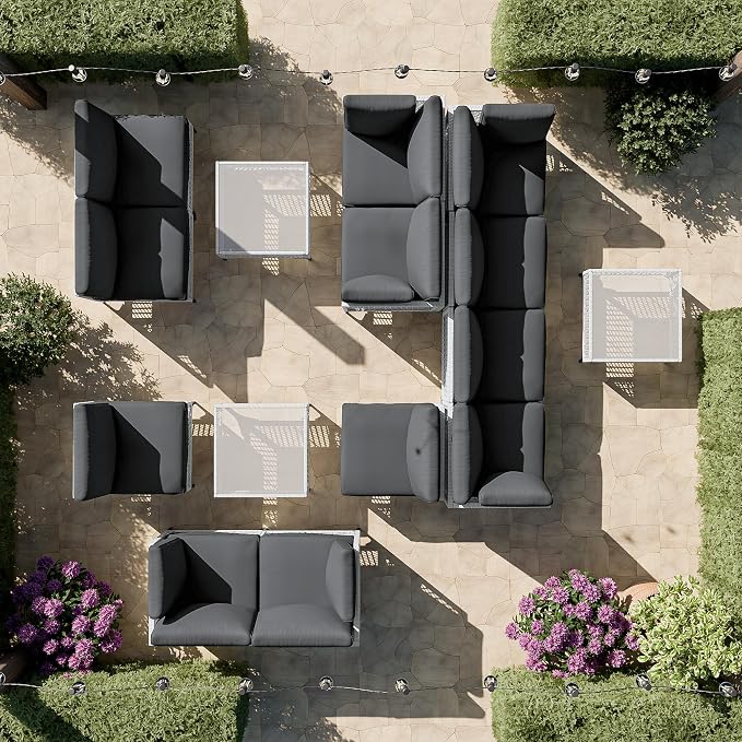 Vikiullf Patio Conversation Set, 5 Piece Outdoor Sectional Sofa Set with Coffee Table, White Wicker with Grey Cushions (White and Grey, 5 piece)