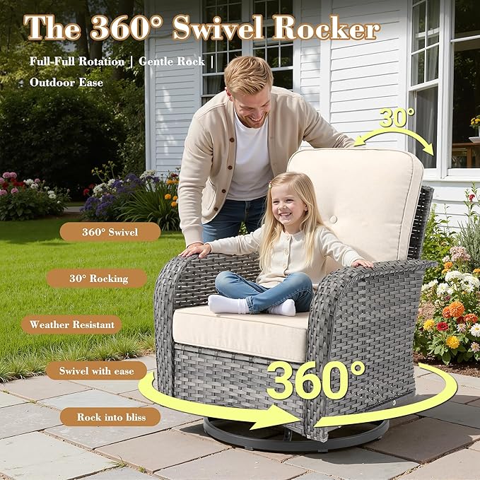 5 Pieces Patio Furniture Set, All Weather Rattan Patio Conversation Sets with Swivel Rocking Chairs, Coffee Table, High Back Outdoor Furniture Loveseat for Porch, Backyard,Beige