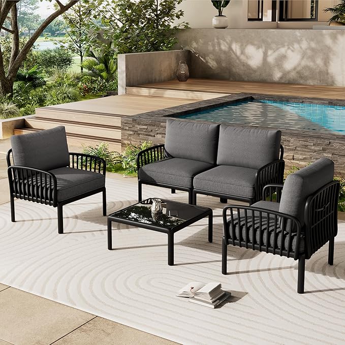 Christopher Knight Home Landon 4 Pieces Patio Conversation Set, Loveseat and Coffee Table Set, Accent Chairs, Club Chair with Cushion, Sofa Chair with Table Set for Balcony Garden, Black+Dark Gray