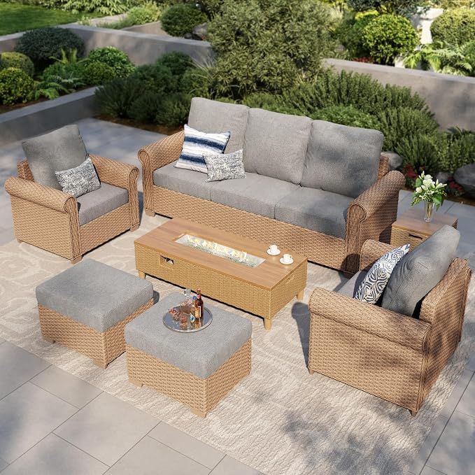 MIXPATIO Patio Furniture Set, 6 Piece Wicker Outdoor Furniture Set with Fire Pit Table & Thick Waterproof Cushions, 7 Seats Patio Conversation Set for Backyard Deck, Gray