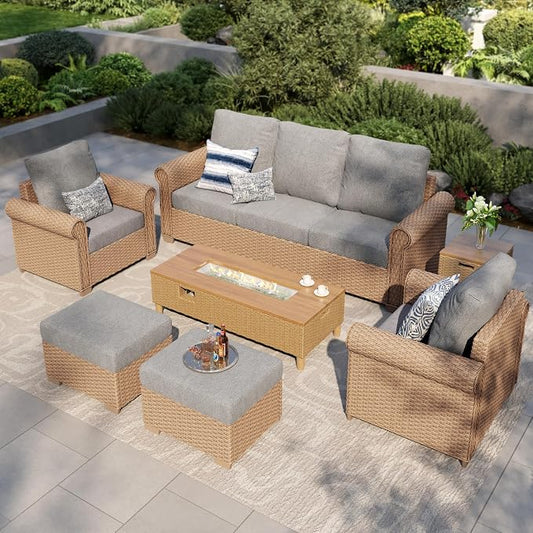 MIXPATIO Patio Furniture Set, 6 Piece Wicker Outdoor Furniture Set with Fire Pit Table & Thick Waterproof Cushions, 7 Seats Patio Conversation Set for Backyard Deck, Gray