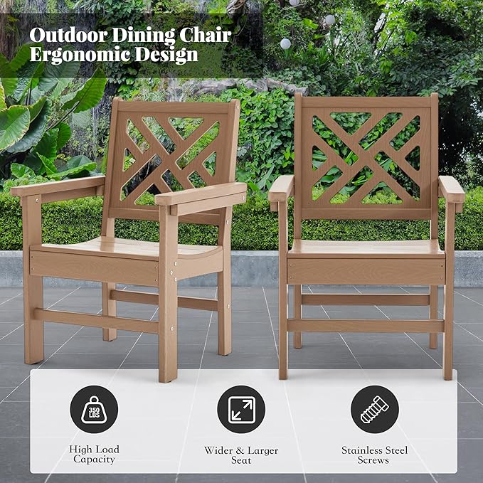 HDPE Outdoor Dining Set,5-Piece Outdoor Table and Chairs Include 4 Armchair Chairs and 32.5" Square Patio Dining Table with Umbrella Hole (Brown)