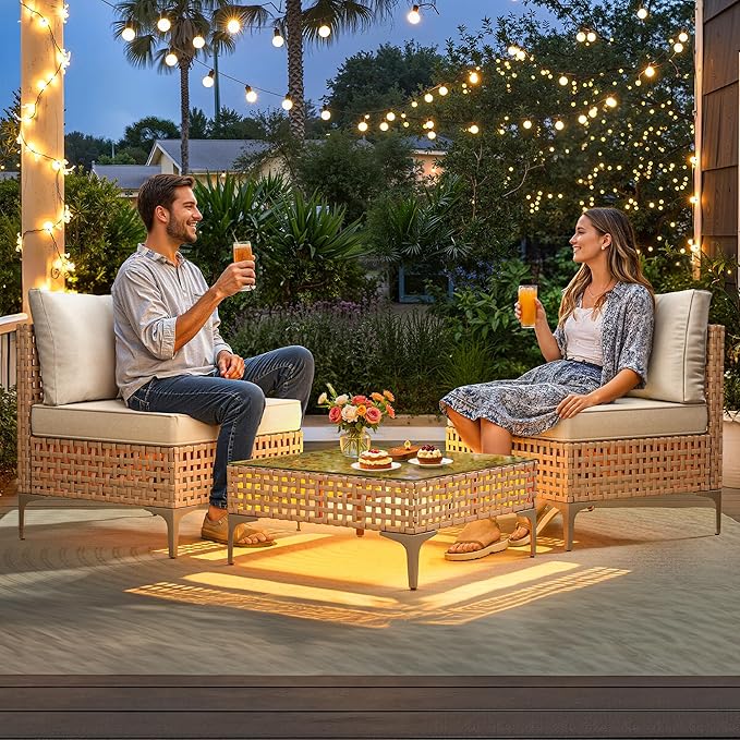 YITAHOME Wicker Patio Furniture Set 3 Pieces Outdoor Sectional Sofa with Solar Light Table Outdoor Couch with Waterproof Cushions All-Weather Rattan Patio Conversation Set for Indoor/Outdoor