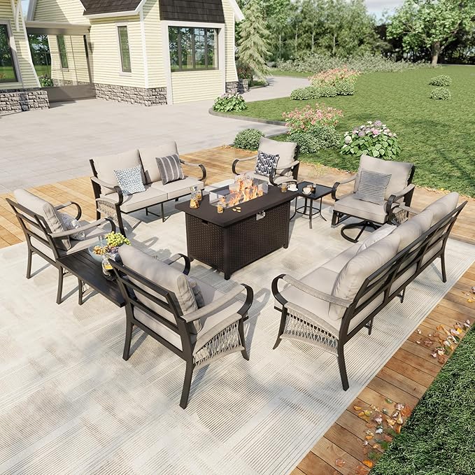 9 Pieces Patio Furniture Set, Metal Outdoor Conversation Sets with Fire Pit Table and Swivel Chairs for Backyard Garden Deck Porch Poolside (Thick Beige Cushions)