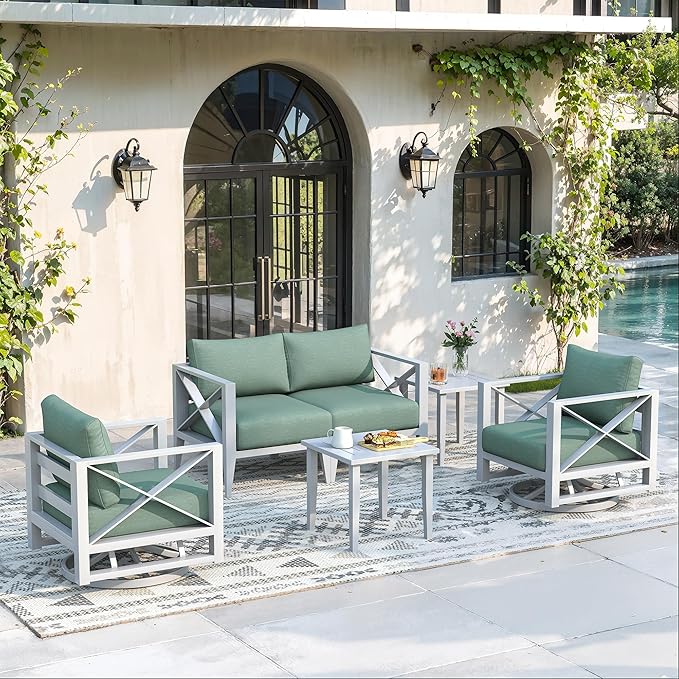 4-Seats Aluminum Outdoor Patio Furniture Set with Swivel Rocking Chairs, Sectional Conversation Sofa with 5.2" Thick Cushions & Coffee Tables, Rust-Resistant Frame for Porch, Garden, Backyard, White