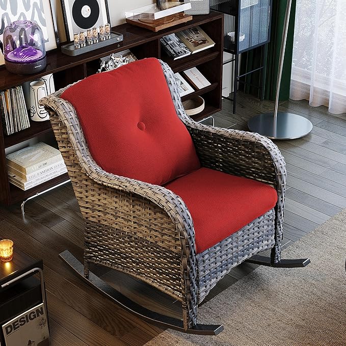 Outdoor Wicker Patio Rocking Chair - All-Weather Lawn Rocking Wicker Furniture with Alloy Steel Frame & Premium Fabric Cushion, Red