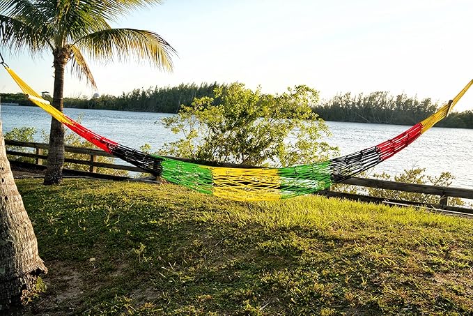 Naturejam Rasta Hammock-Portable Jamaican Camping Mesh Rope Hammock with Carrying Bag and Tree Straps