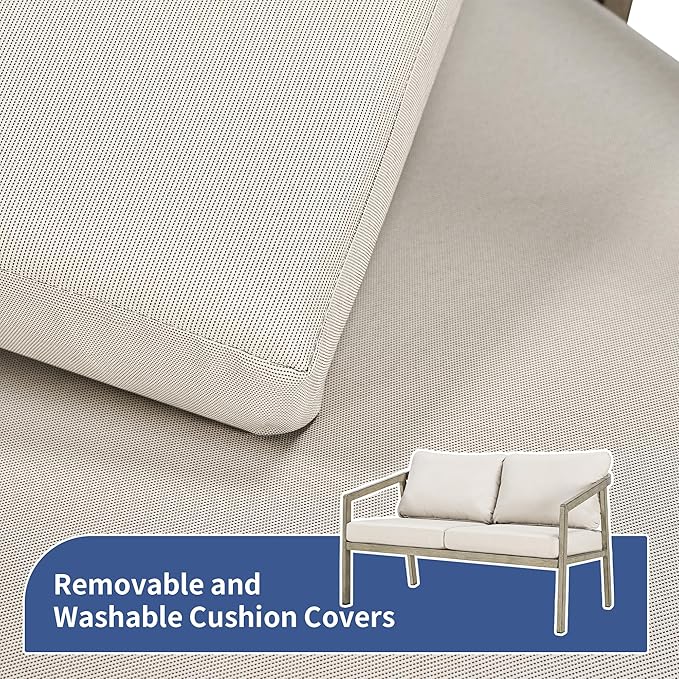 Patio Conversation Sets Outdoor Loveseat Sofa, Aluminum Patio Sofa Chairs with Washable Thick Cushions, Modern All-Weather Patio Furniture Sets for Garden, Backyard, Porch (Grey+Beige)