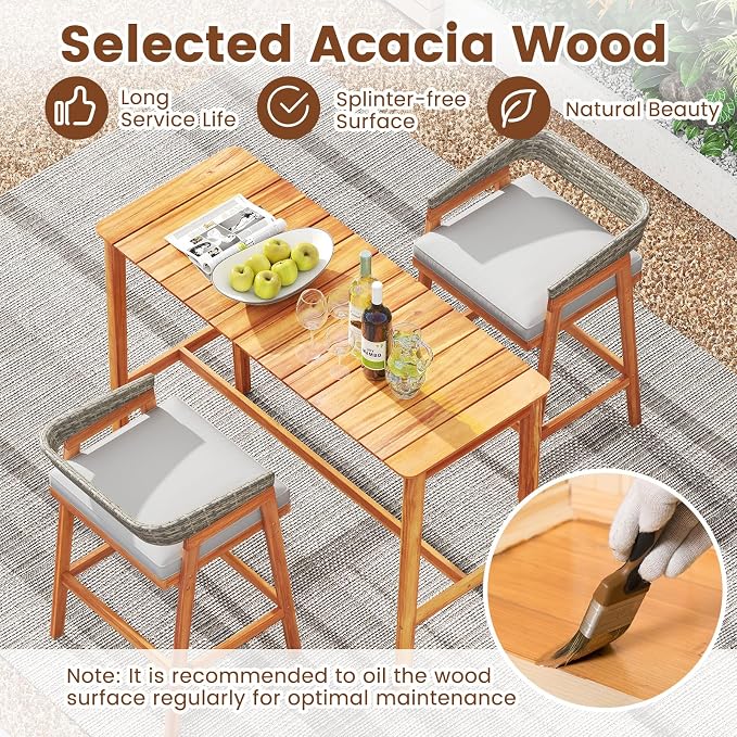 Outdoor Bar Table, 54" x 22" Acacia Wood Counter Height Table with Slatted Tabletop and Adjustable Feet, Rectangular High Top Dining Table for Patio, Yard, Balcony, Poolside