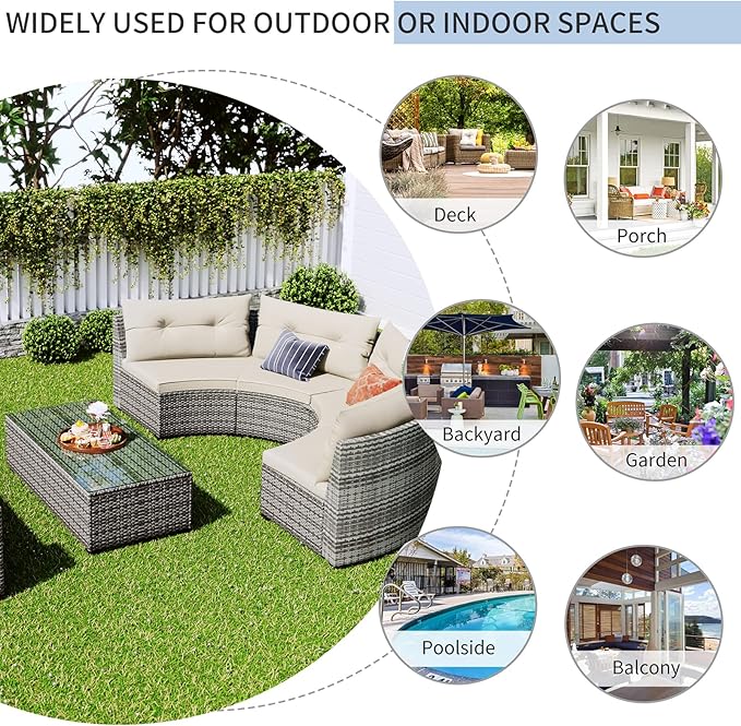 8-Pieces Half Moon Patio Furniture Set, Curved Sofa Set with Rectangular Coffee Table PE Rattan Wicker Patio Conversation Set with Movable Cushion and Pillows for Porch Deck Garden, Beige