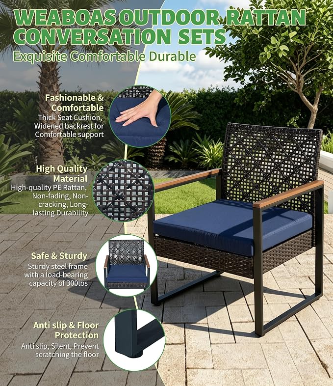 4-Piece Outdoor Patio Furniture Set, Wicker Sofa and Chairs with Cushions, PE Rattan All-Weather Conversation Set with Coffee Table for Backyard, Patio, Poolside, Garden, Lawn, Deck, Black