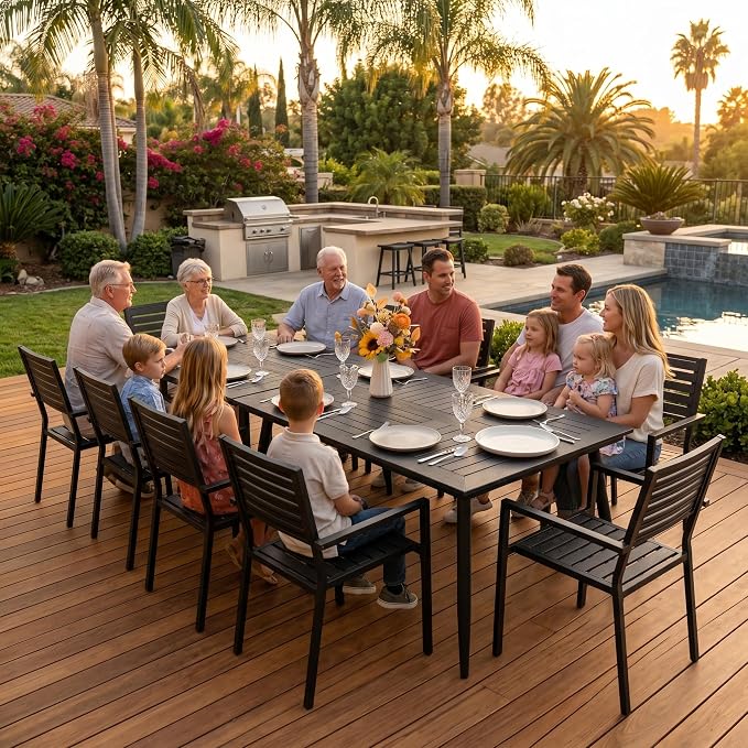12 Piece Outdoor Dining Set All Weather Patio Dining Set with HDPE Wood-Like Tabletop, Rustproof Metal Outdoor Table and Chairs with 10 Stackable Chairs for Garden Backyard, Black