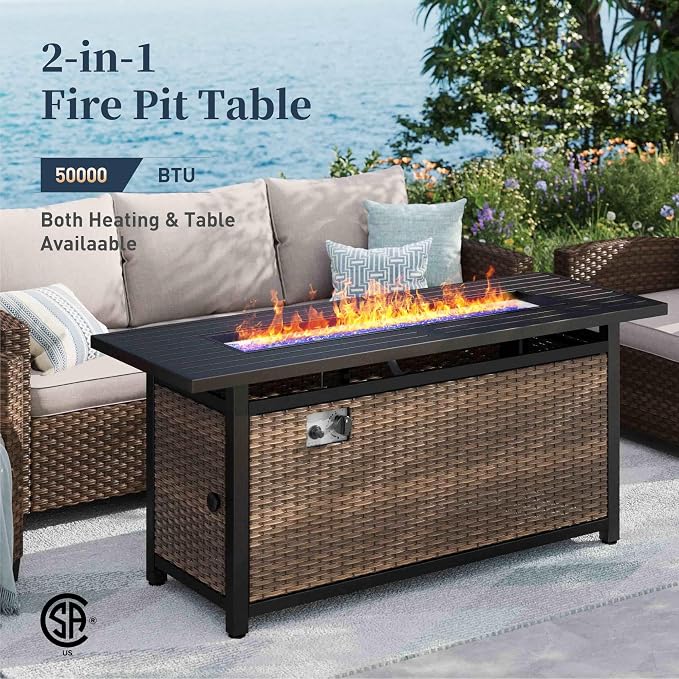 SUNSHINE VALLEY Patio Furniture Set Outdoor Furniture Brown Wicker Rattan Patio Conversation Sets with Cushion Outside Sofa Set,6 Pieces with Rectangular Firepit Table,9 Seats,Beige