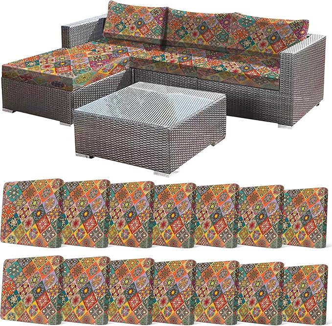 CALBODE 14Pcs Stretch Patio Cushion Cover, Bohemian Colored Geometric Pattern Couch Covers for Patio Furniture Cushions Washable Reusable Couch Covers Replacement for Fall Winter(Cover Only)