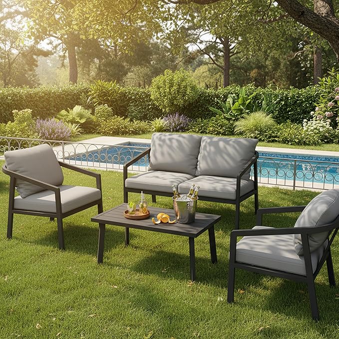 Patio Conversation Sets, 4 Piece Patio Furniture Sets with Loverseat、Armchair Sofa & Coffee Table, Aluminum Modern Outside Sectional Furniture for Garden, Backyard, Porch (Black)