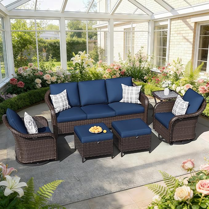 6 PCS Outdoor Conversation Set | 78" Couch, 2 Swivel Chairs, 1 Side Table, 2 Ottomans, Patio Wicker Conversation Furniture with Removable Cushions for Bistro, Deck, Sunroom (Navy Blue)