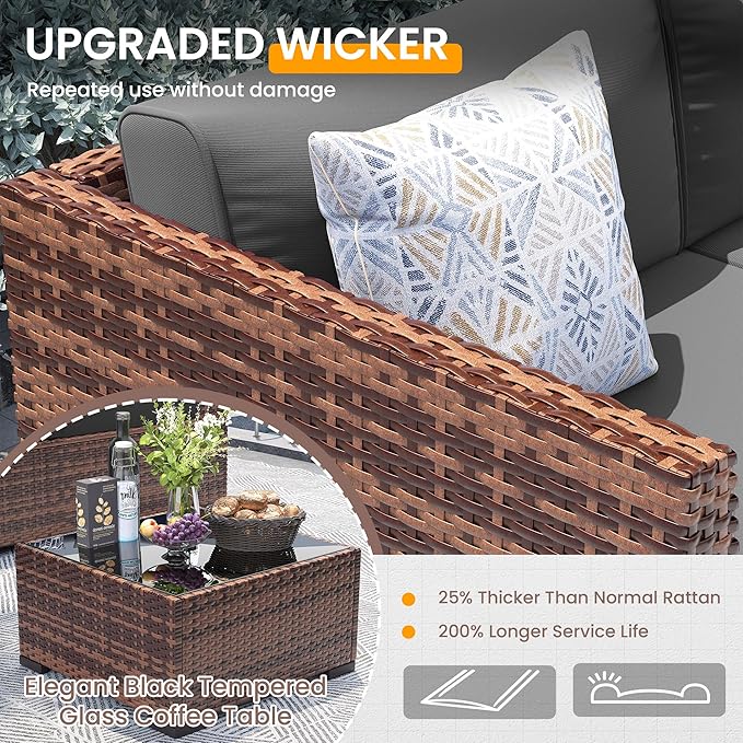 UDPATIO Patio Furniture Set,7 Pieces Outdoor Rattan Sectional Set,Modular Slanted Back Patio Conversation Set Heavy Duty Wicker Sofa for Backyard, Deck W/Coffee Table,4'' Thick Cushions,Cover,Grey