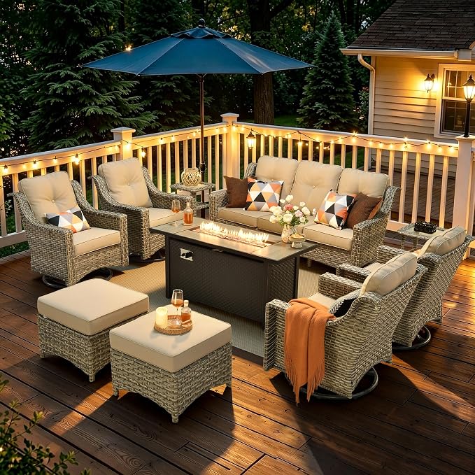 10 Piece Patio Furniture Set with Fire Pit Table, Outdoor Wicker High Back Sofa and Swivel Rocker Chairs Set of 4 with Ottoman, Large Conversation Sets for Backyard Deck Garden, Beige