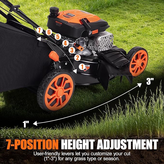 21-Inch Self-Propelled Gas Lawn Mower, 170CC 4-Stroke Engine, 7-Position Height Adjustment, 3-in-1 Mulching, Bagging & Side Discharge, 1.9-Bushel Grass Collector, EPA Compliant